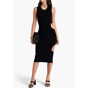 Et Ochs Ellie Midi Dress Black Heavy Ribbed Knit Side Cut Outs Women's L Stretch